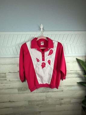 Vintage GW Division of Graff Hot Pink and White Embroidered Leaf Pullover Top